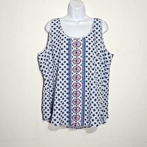 time & tru blouse white & blue geometric floral medallion sleeveless blouse Xxl